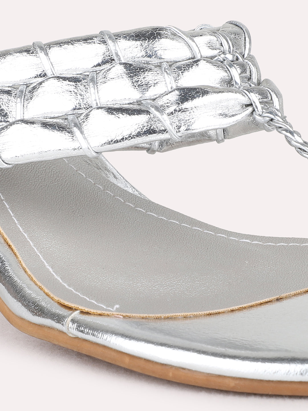 Womens Silver Party Wear Embellished Round Toe Block Heel Sandals