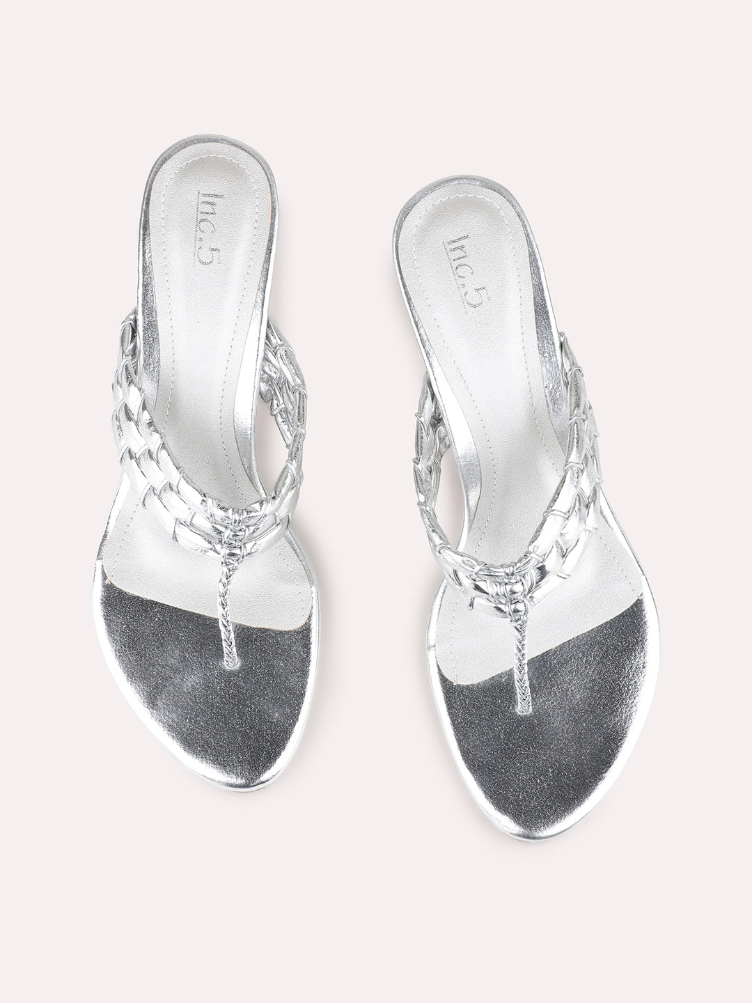 Womens Silver Party Wear Embellished Round Toe Block Heel Sandals