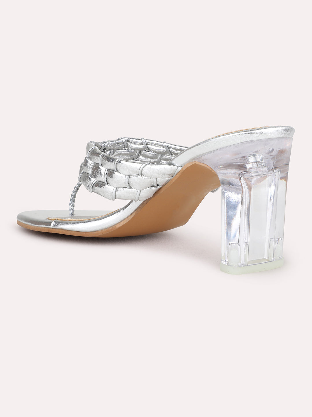 Womens Silver Party Wear Embellished Round Toe Block Heel Sandals
