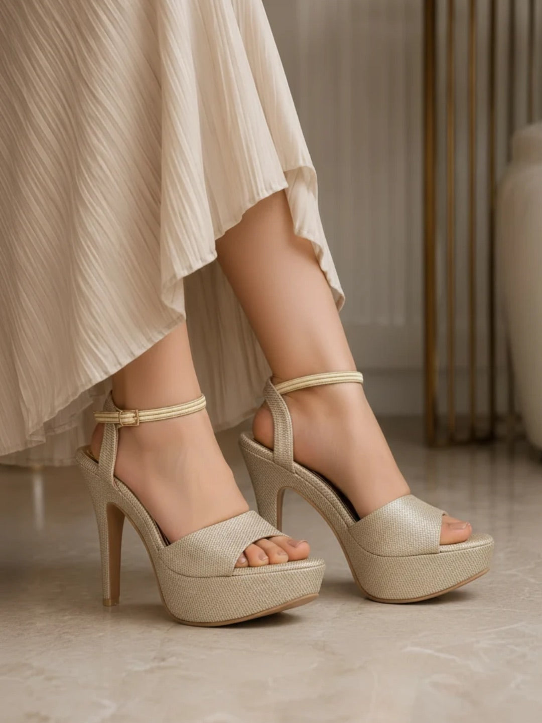Women Golden Party Wear Embellished Round Toe Stiletto Heels
