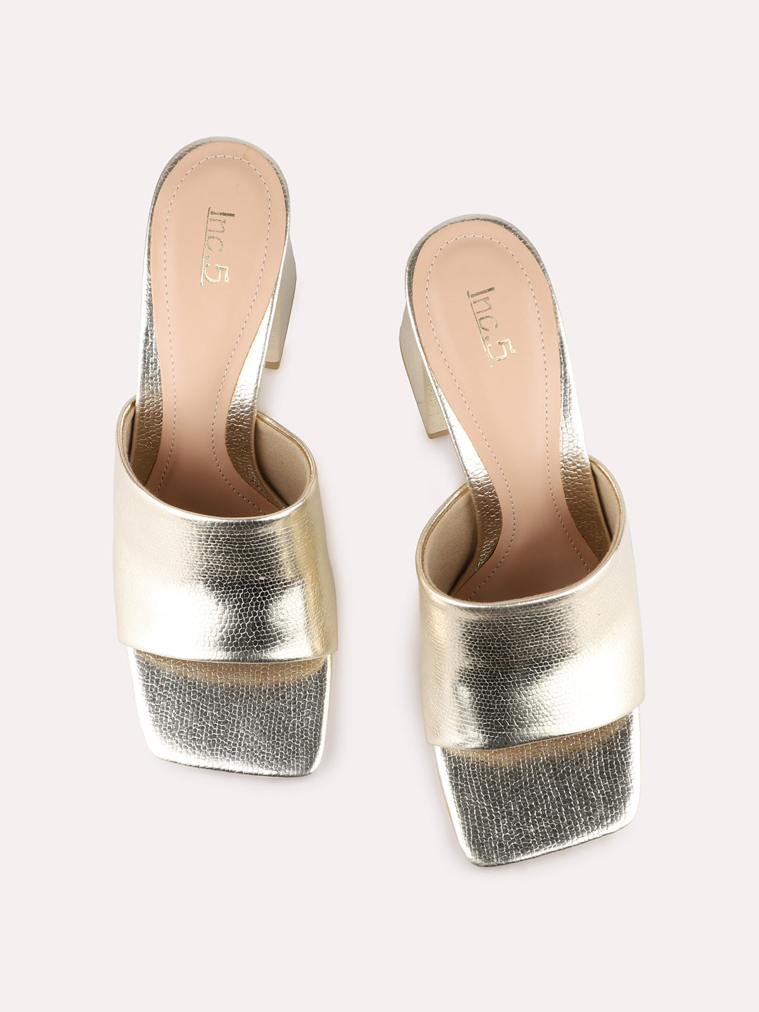 Women Golden Party Wear Solid Square Toe Block Heel Sandals