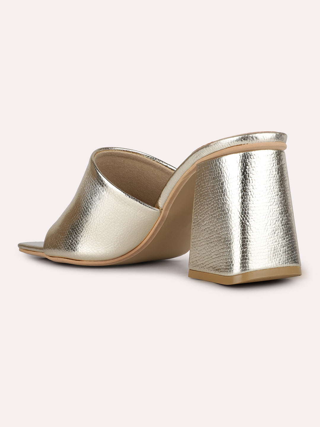 Women Golden Party Wear Solid Square Toe Block Heel Sandals