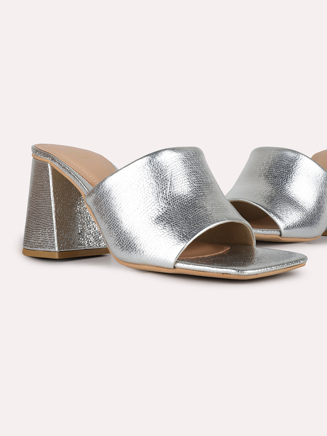 Women Silver Party Wear Solid Square Toe Block Heel Sandals