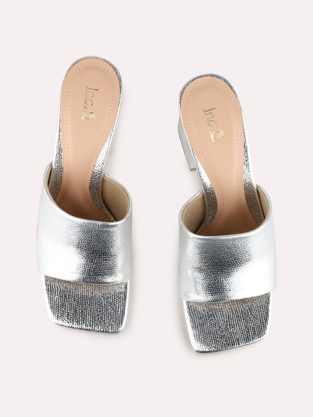 Women Silver Party Wear Solid Square Toe Block Heel Sandals