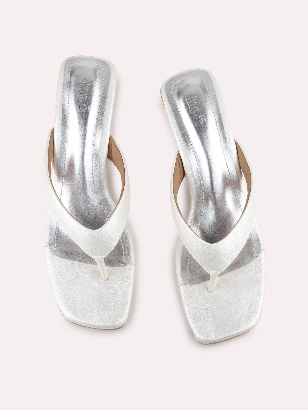 Womens Silver Party Wear Solid Square Toe Block Heel Sandals