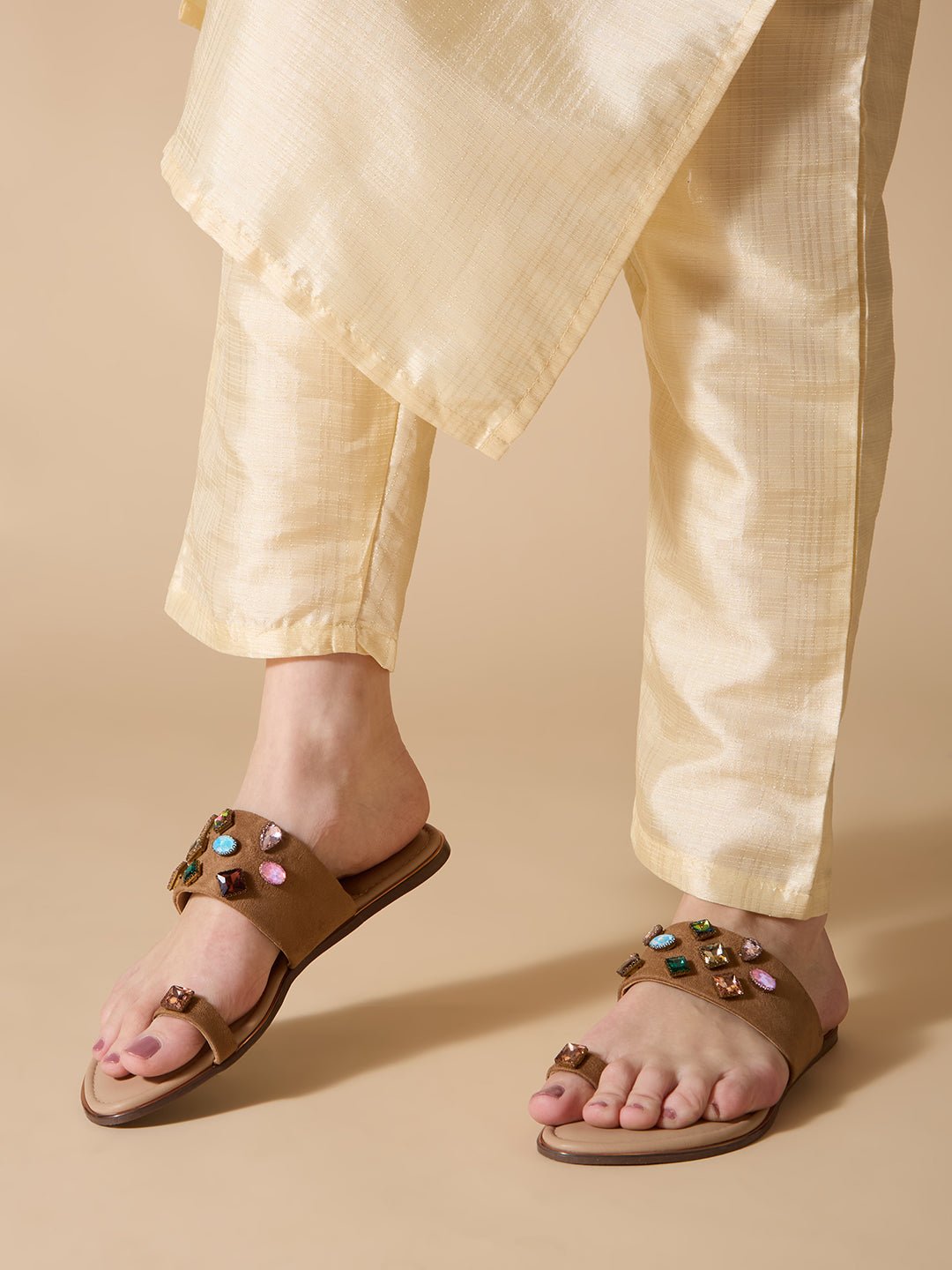 Womens Beige Ethnic Embellished One Toe Flat Slip-On Sandals