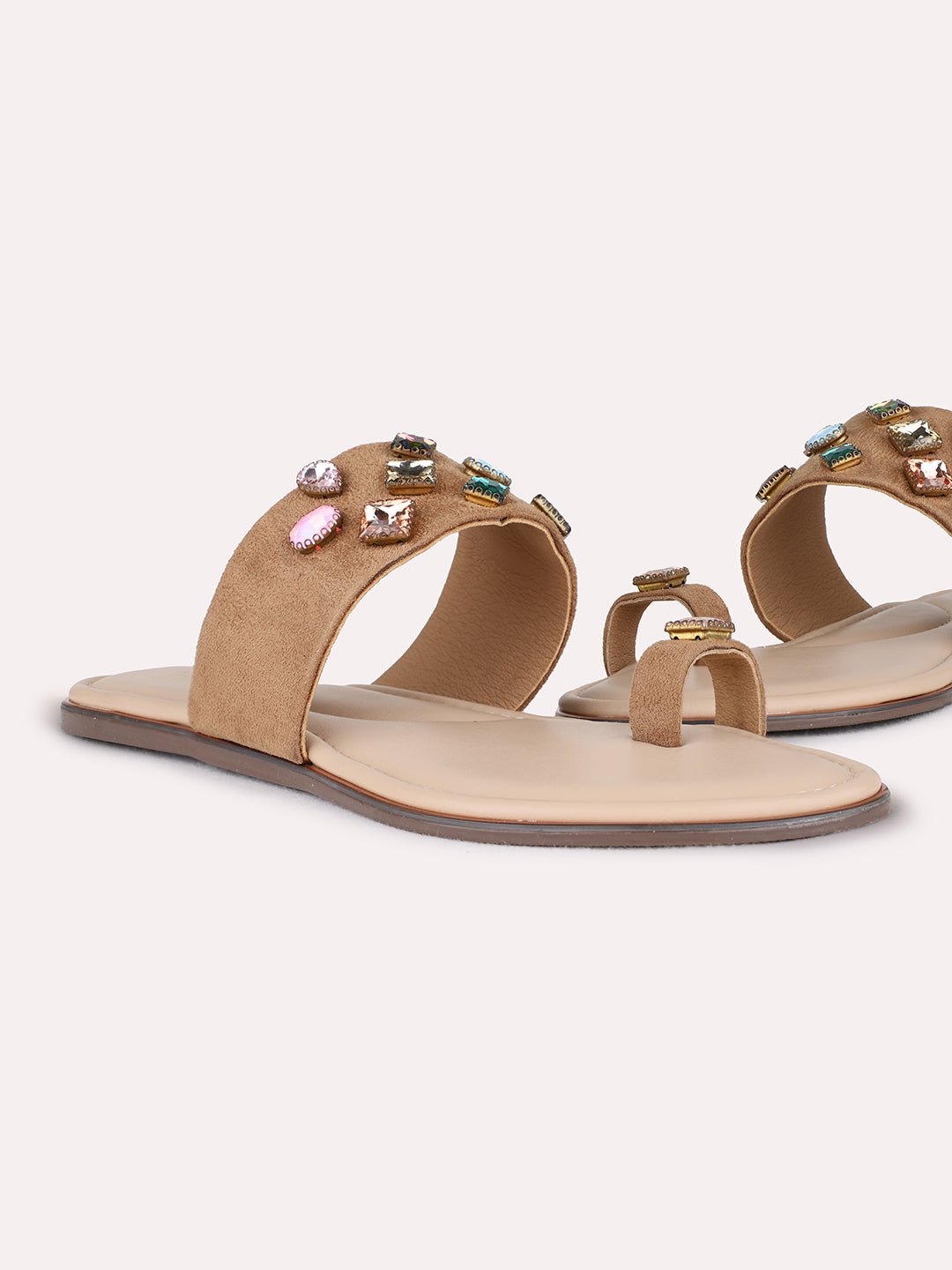 Womens Beige Ethnic Embellished One Toe Flat Slip-On Sandals