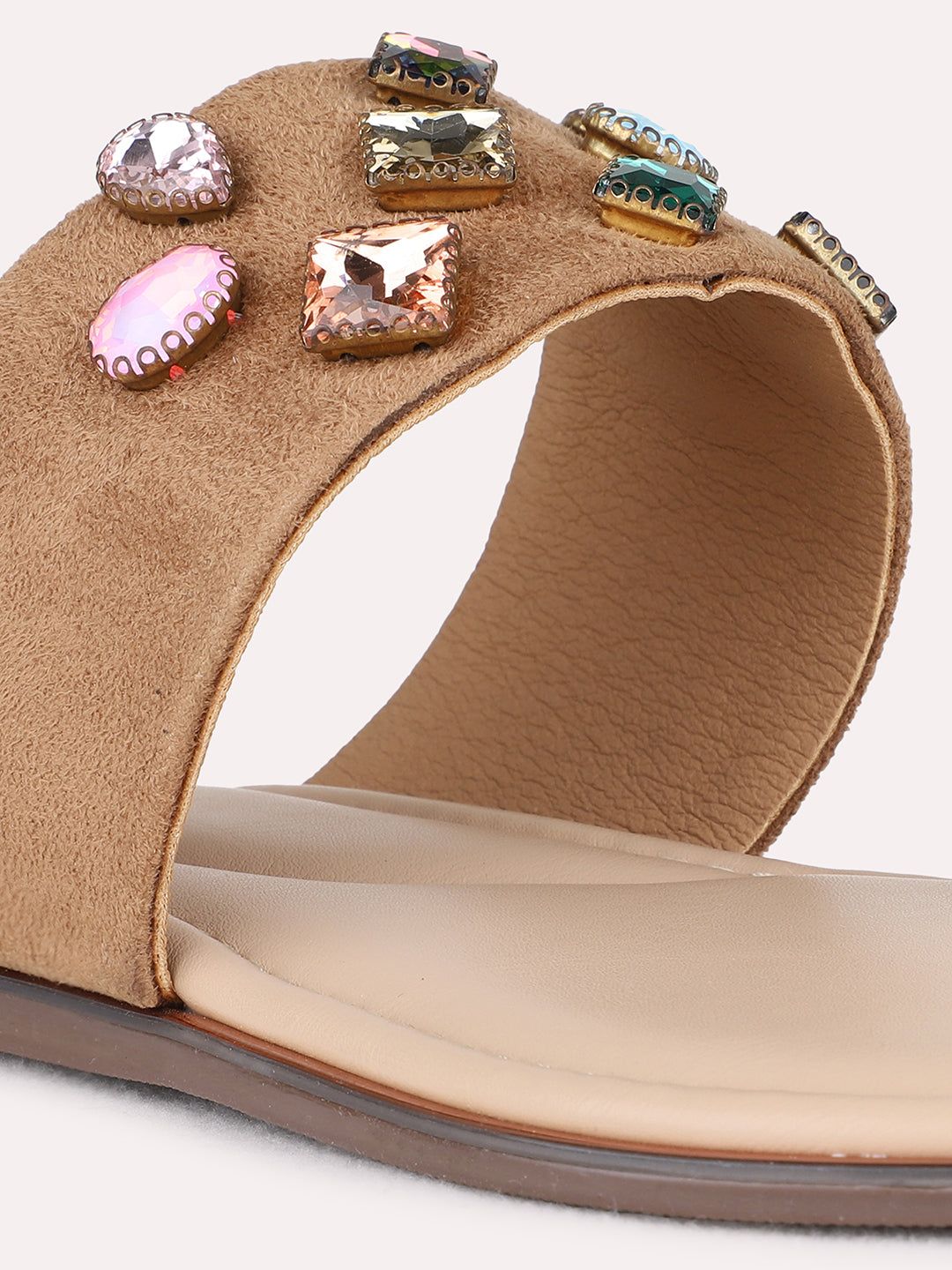 Womens Beige Ethnic Embellished One Toe Flat Slip-On Sandals