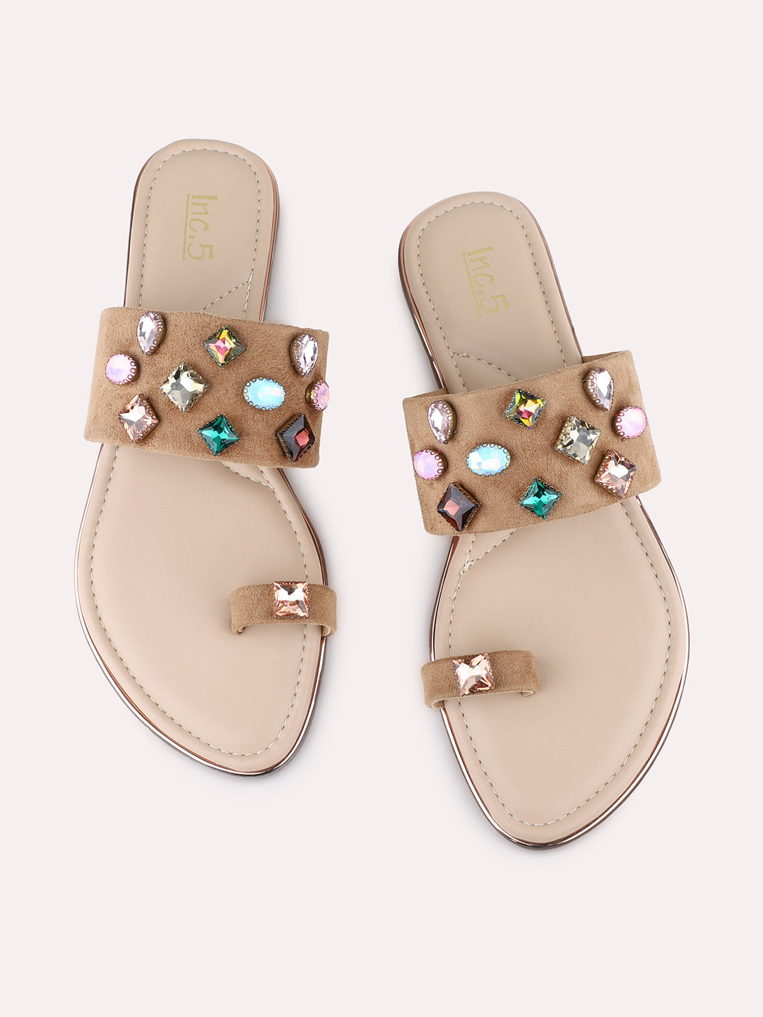 Womens Beige Ethnic Embellished One Toe Flat Slip-On Sandals