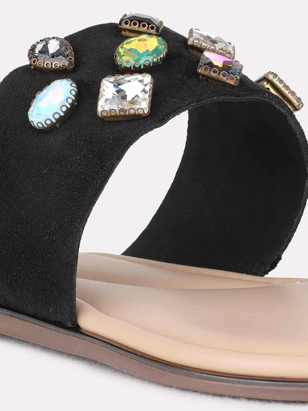 Womens Black Ethnic Embellished One Toe Flat Slip-On Sandals