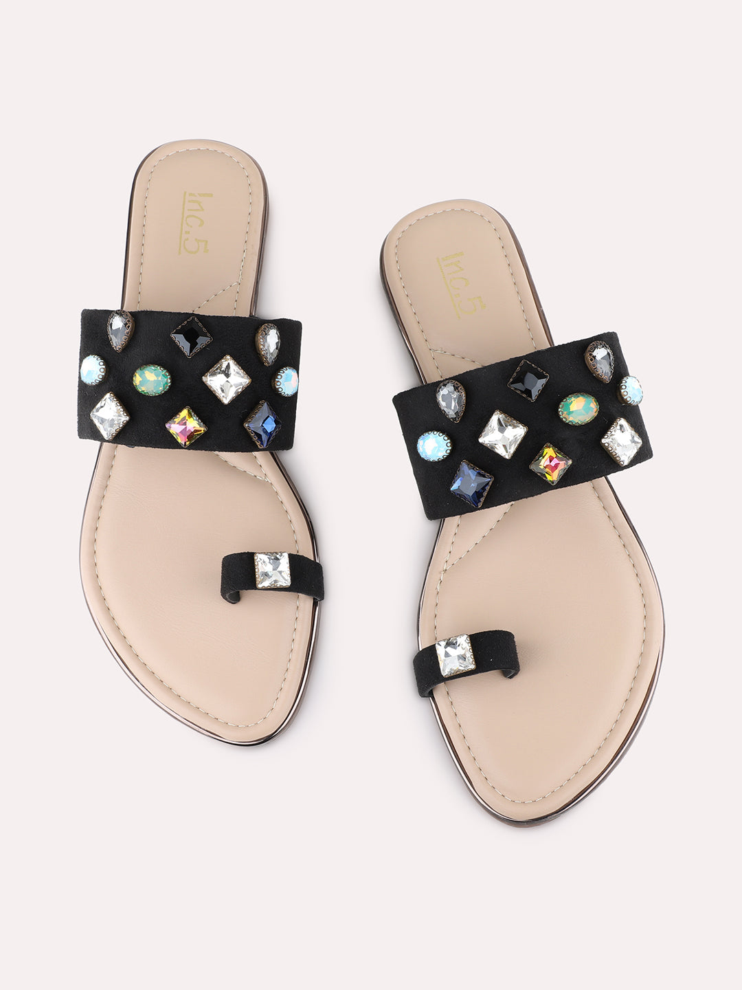 Womens Black Ethnic Embellished One Toe Flat Slip-On Sandals