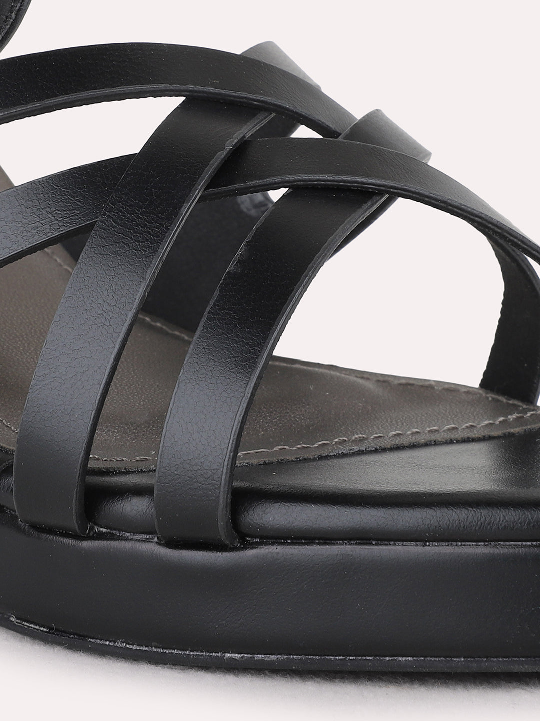 Womens Black Party Wear Striped Round Toe Platform Heel Sandals