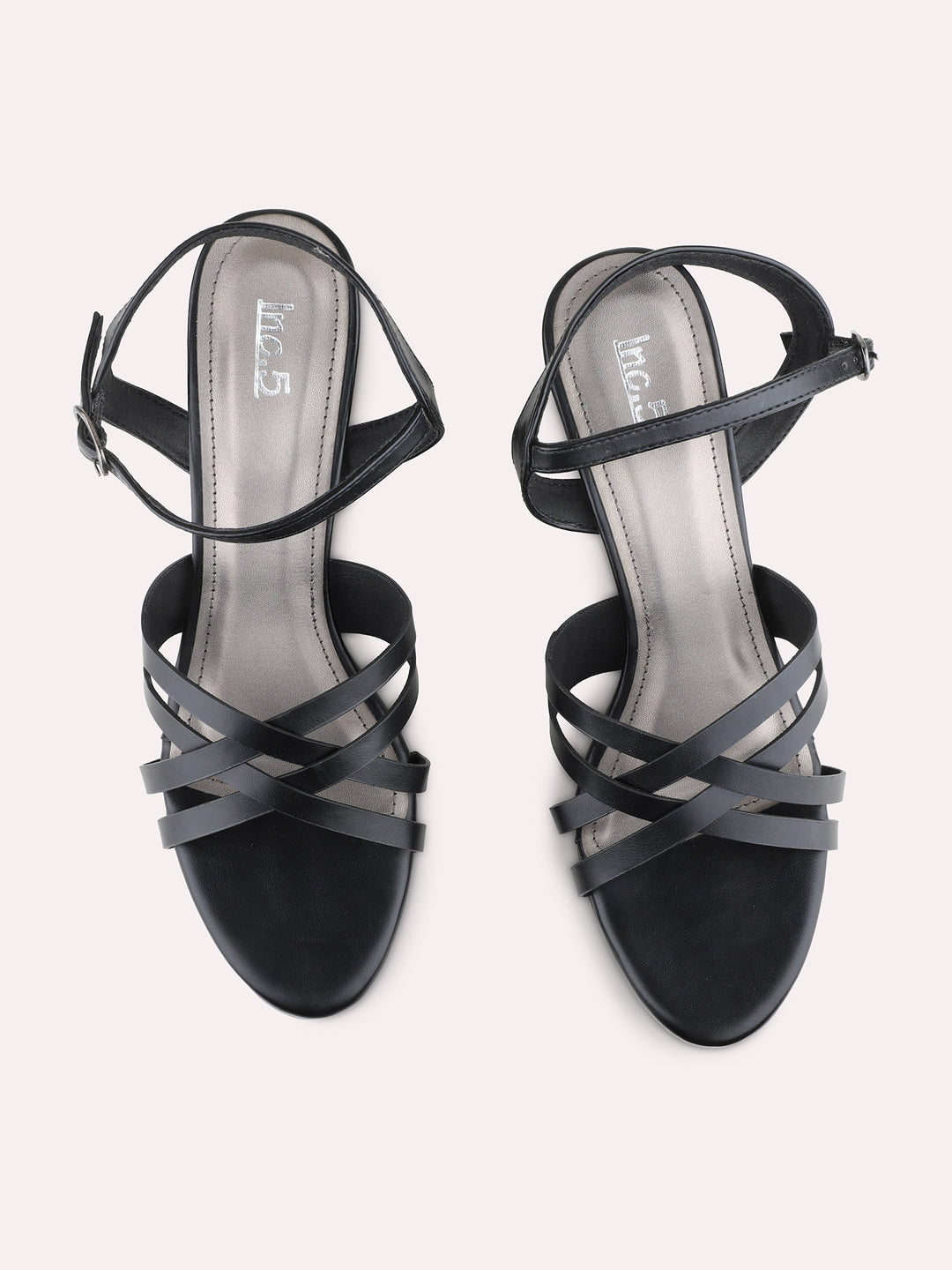 Womens Black Party Wear Striped Round Toe Platform Heel Sandals