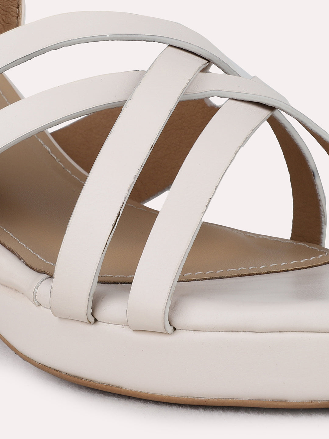 Womens Cream Party Wear Striped Round Toe Platform Heel Sandals