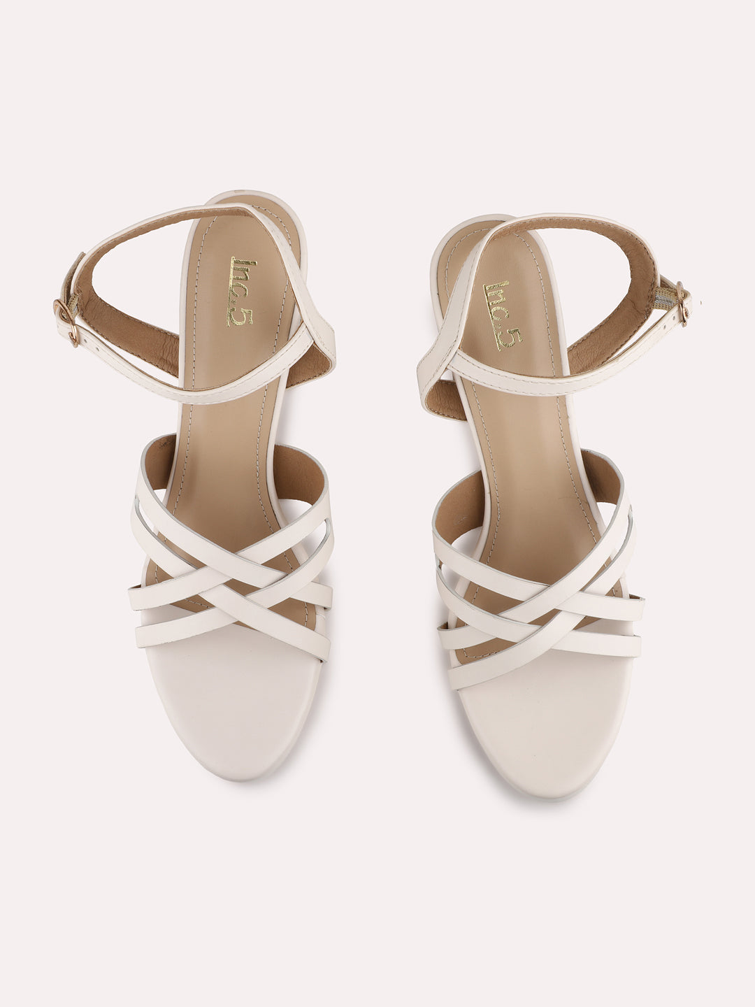 Womens Cream Party Wear Striped Round Toe Platform Heel Sandals