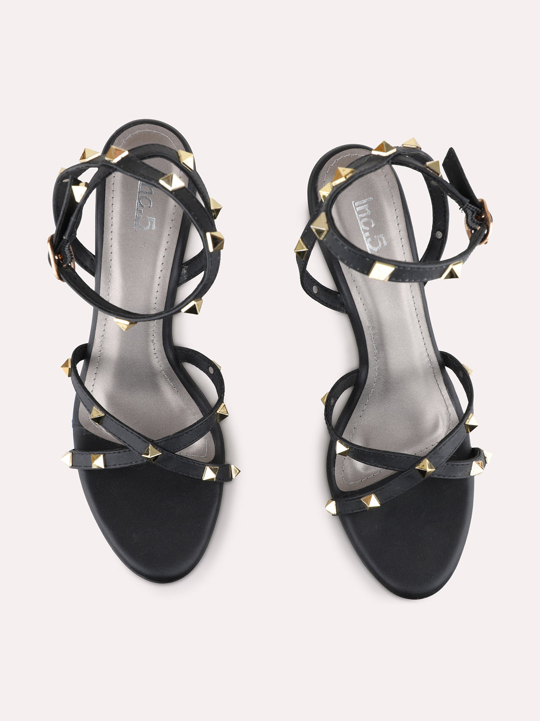 Womens Black Party Wear Striped Stiletto Heel Sandals