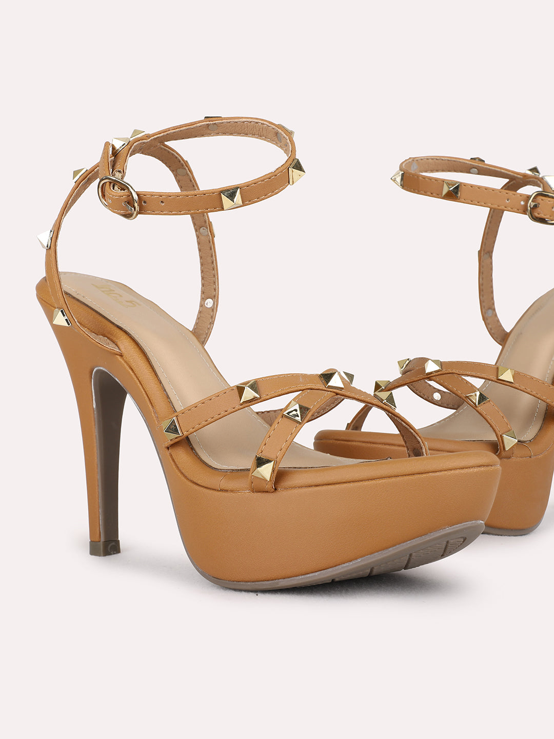 Womens Tan Party Wear Embellished Round Toe Stiletto Heel Sandals