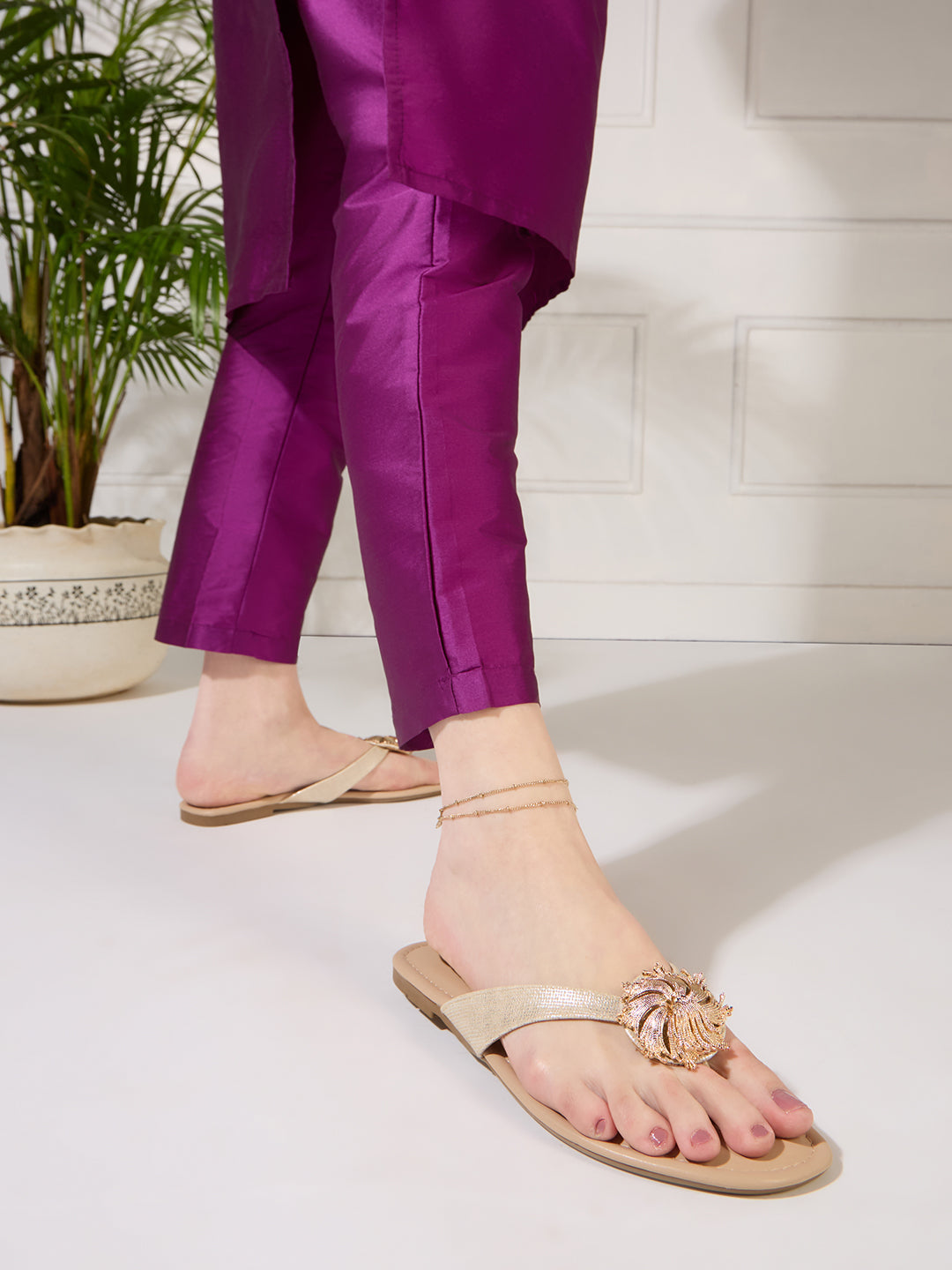 Womens Beige Casual Solid T-Strap Flat Sandals