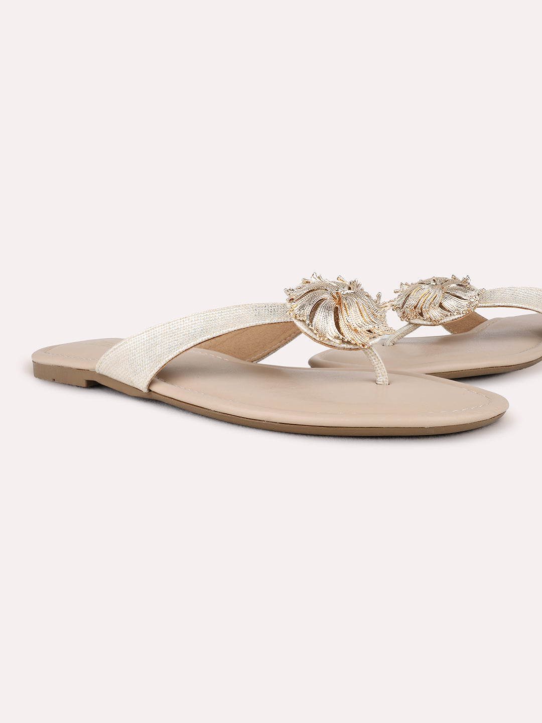 Womens Beige Casual Solid T-Strap Flat Sandals