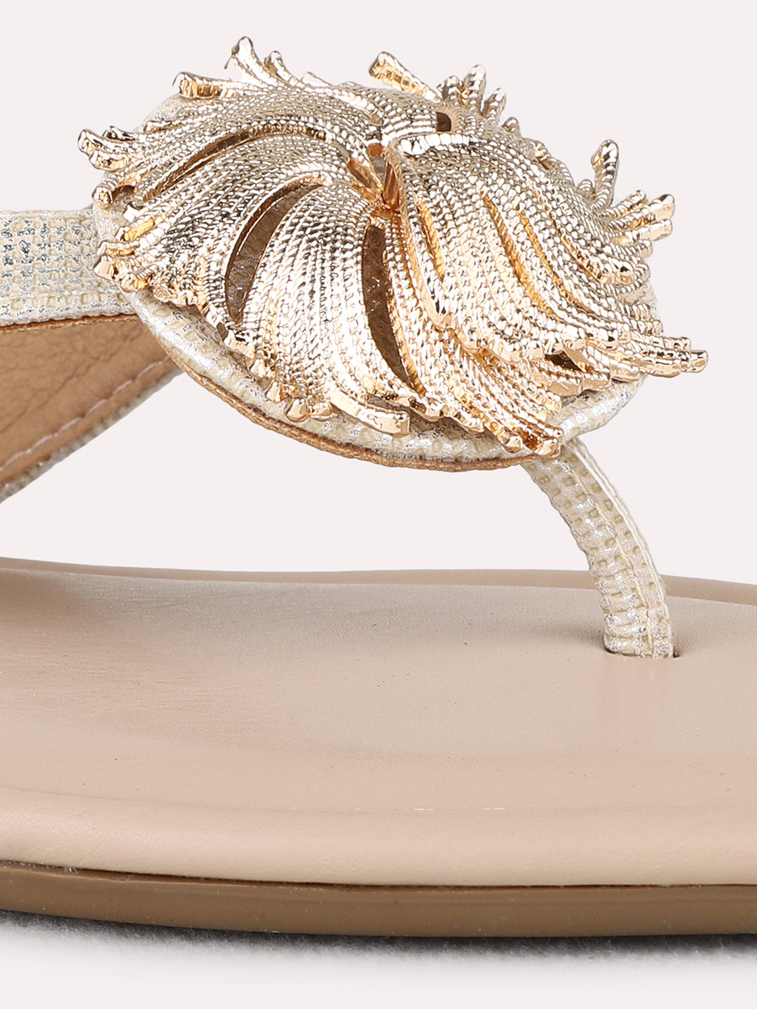 Womens Beige Casual Solid T-Strap Flat Sandals