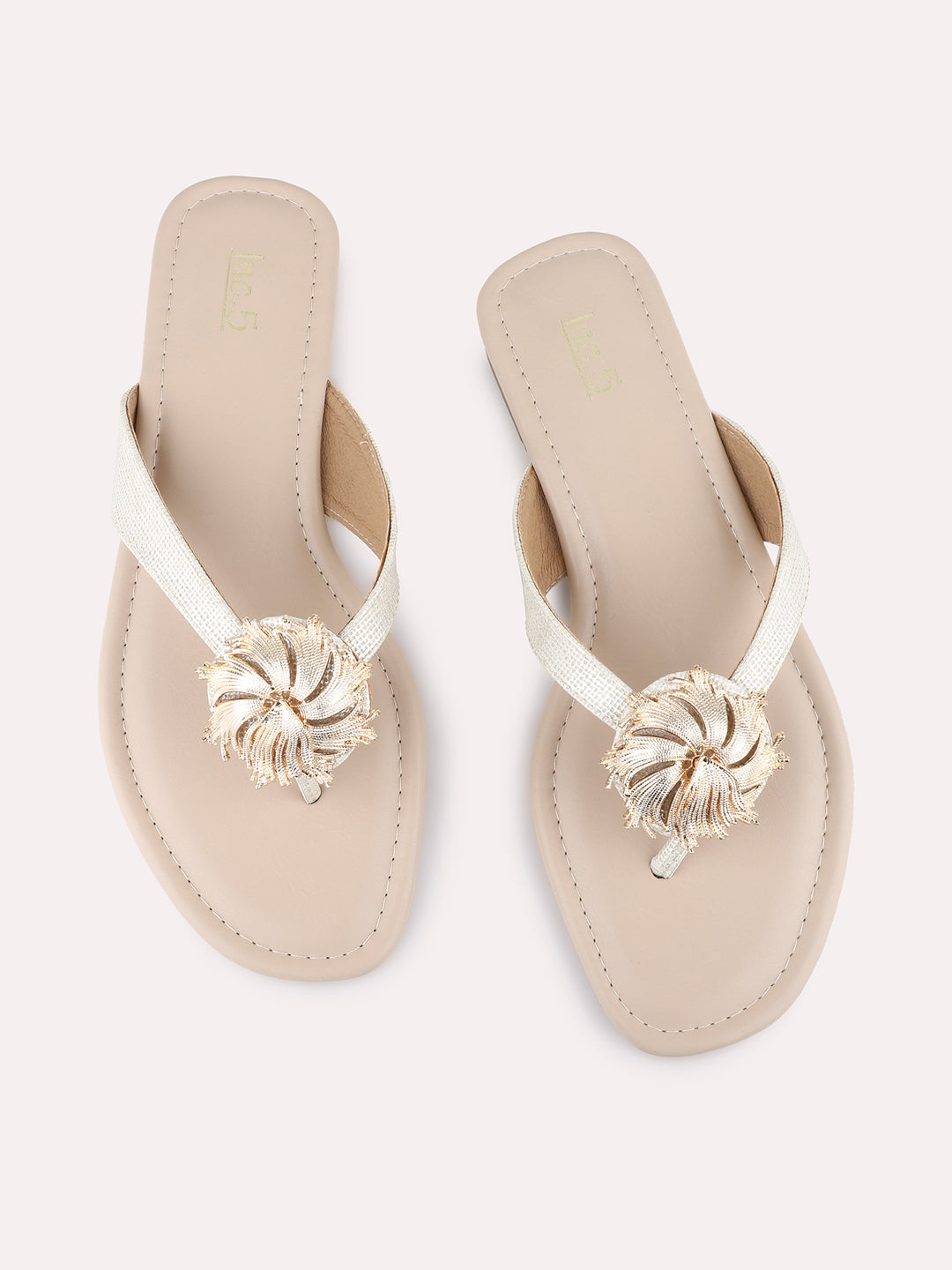 Womens Beige Casual Solid T-Strap Flat Sandals