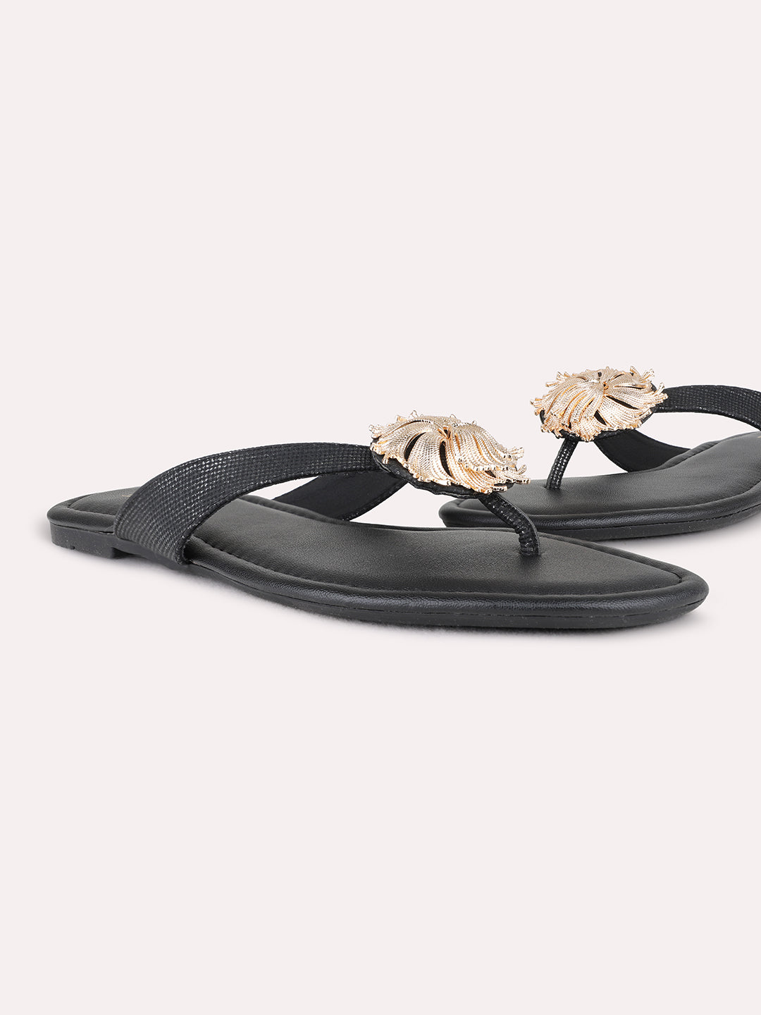 Womens Black Casual Solid T-Strap Flat Sandals
