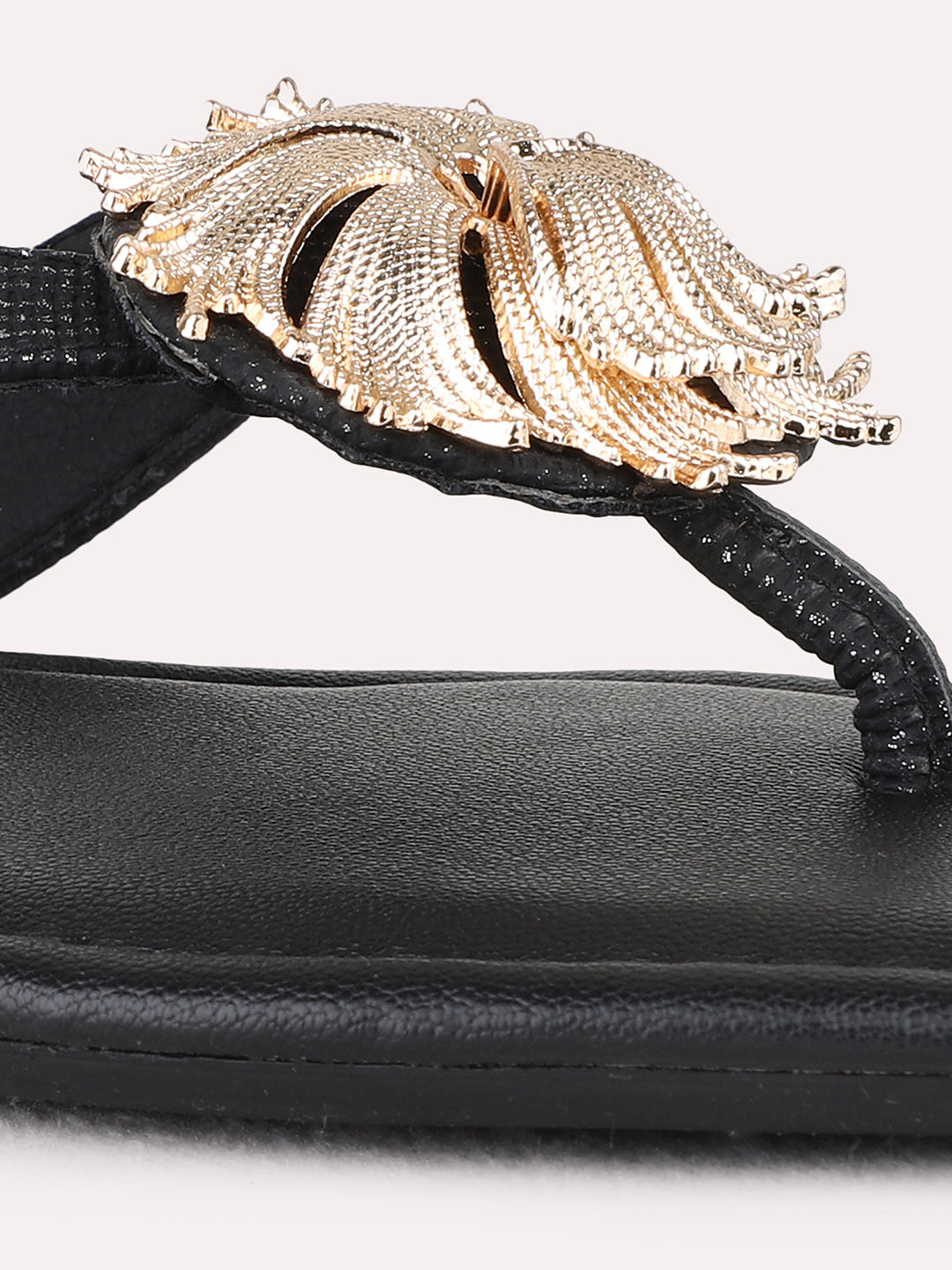 Womens Black Casual Solid T-Strap Flat Sandals