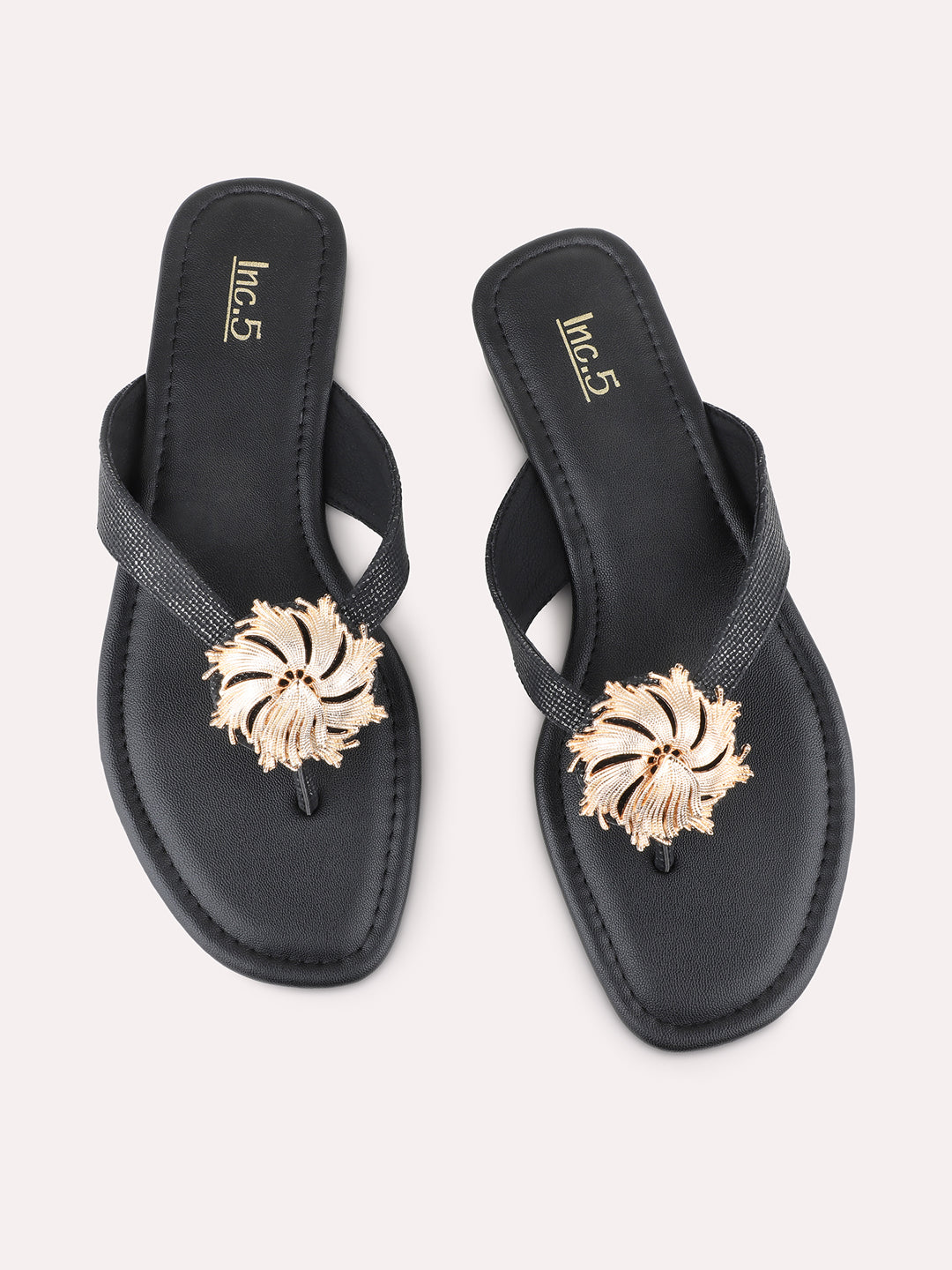Womens Black Casual Solid T-Strap Flat Sandals