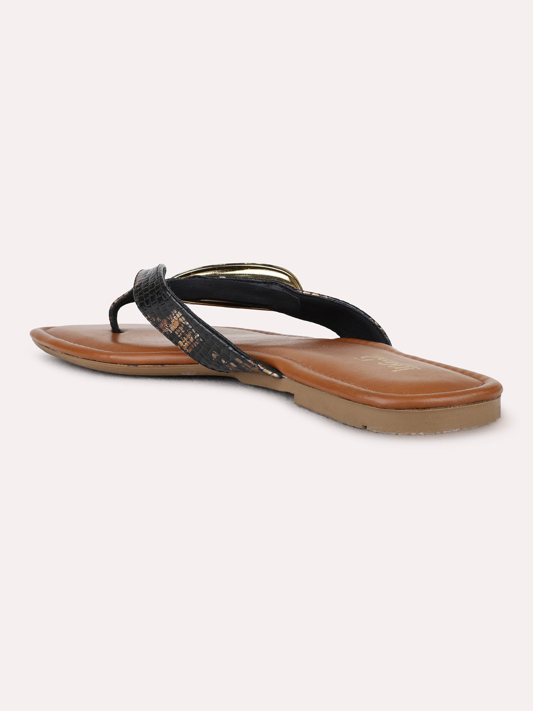 Womens Black Casual Printed T-Strap Flat Sandals