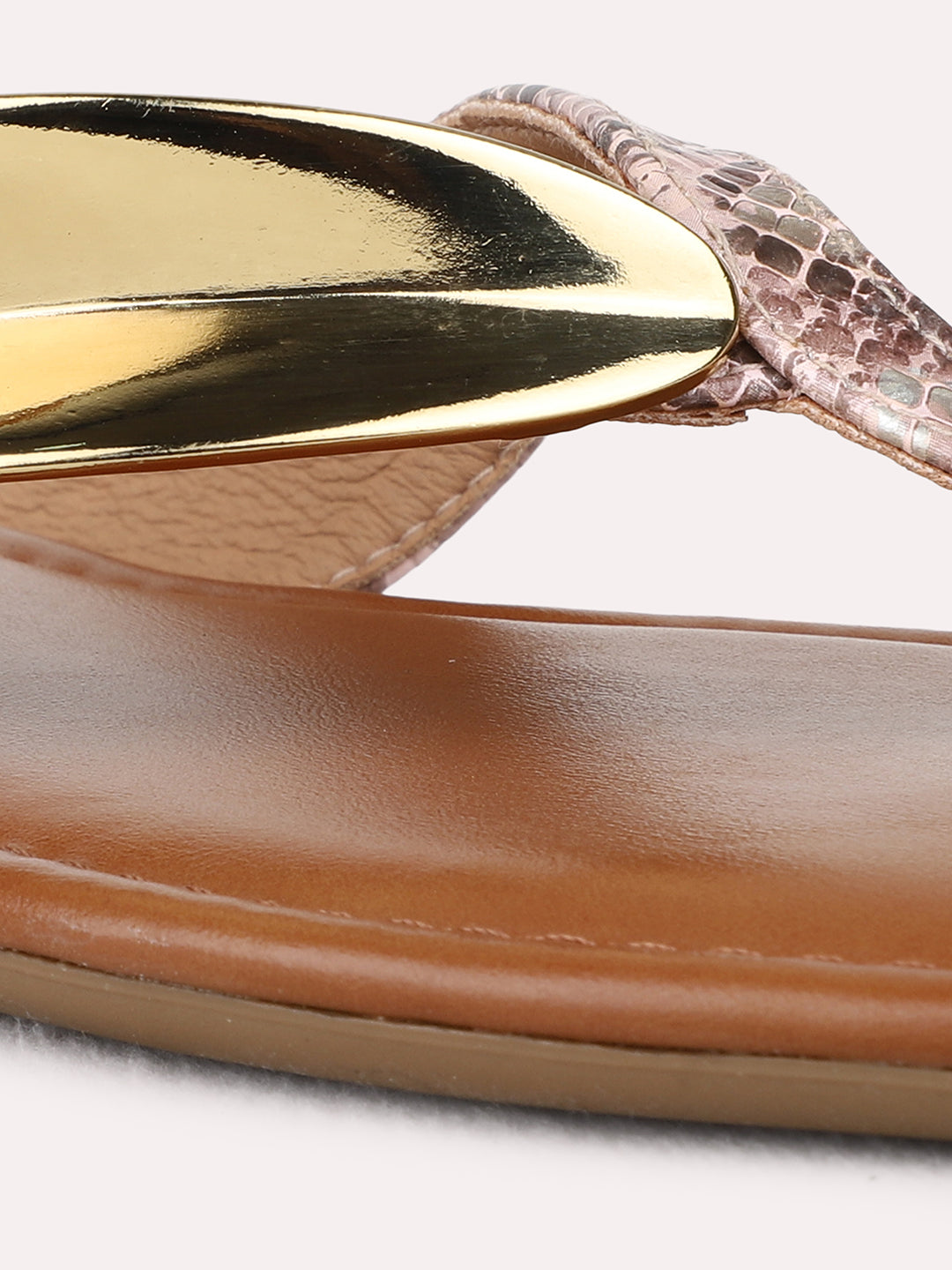 Womens Peach Casual Printed T-Strap Flat Sandals