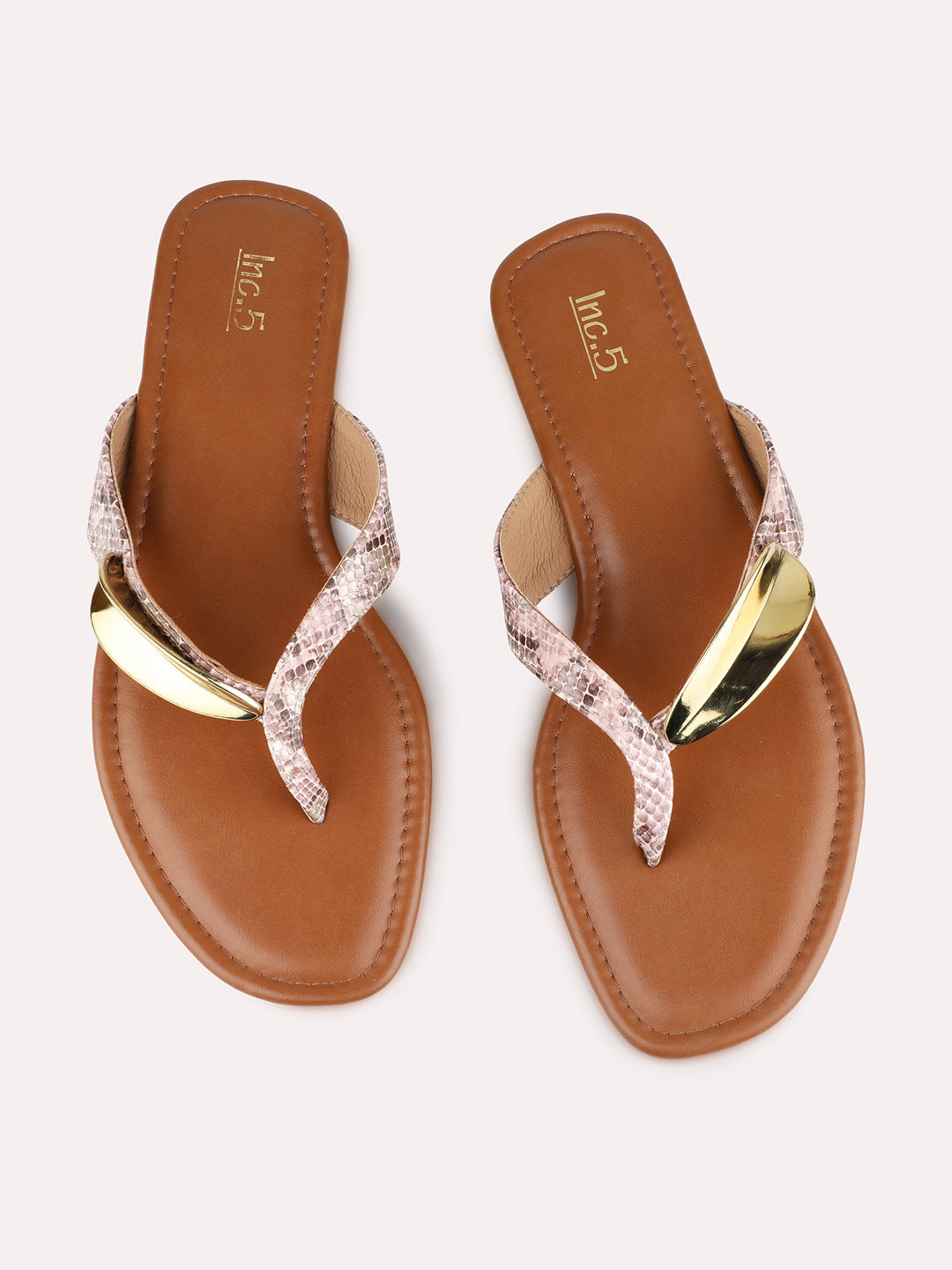 Womens Peach Casual Printed T-Strap Flat Sandals