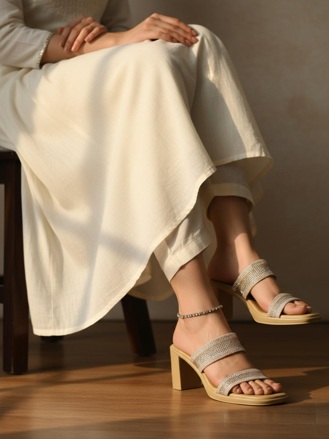 Womens Beige Party Wear Embellished Round Toe Platform Heel Sandals