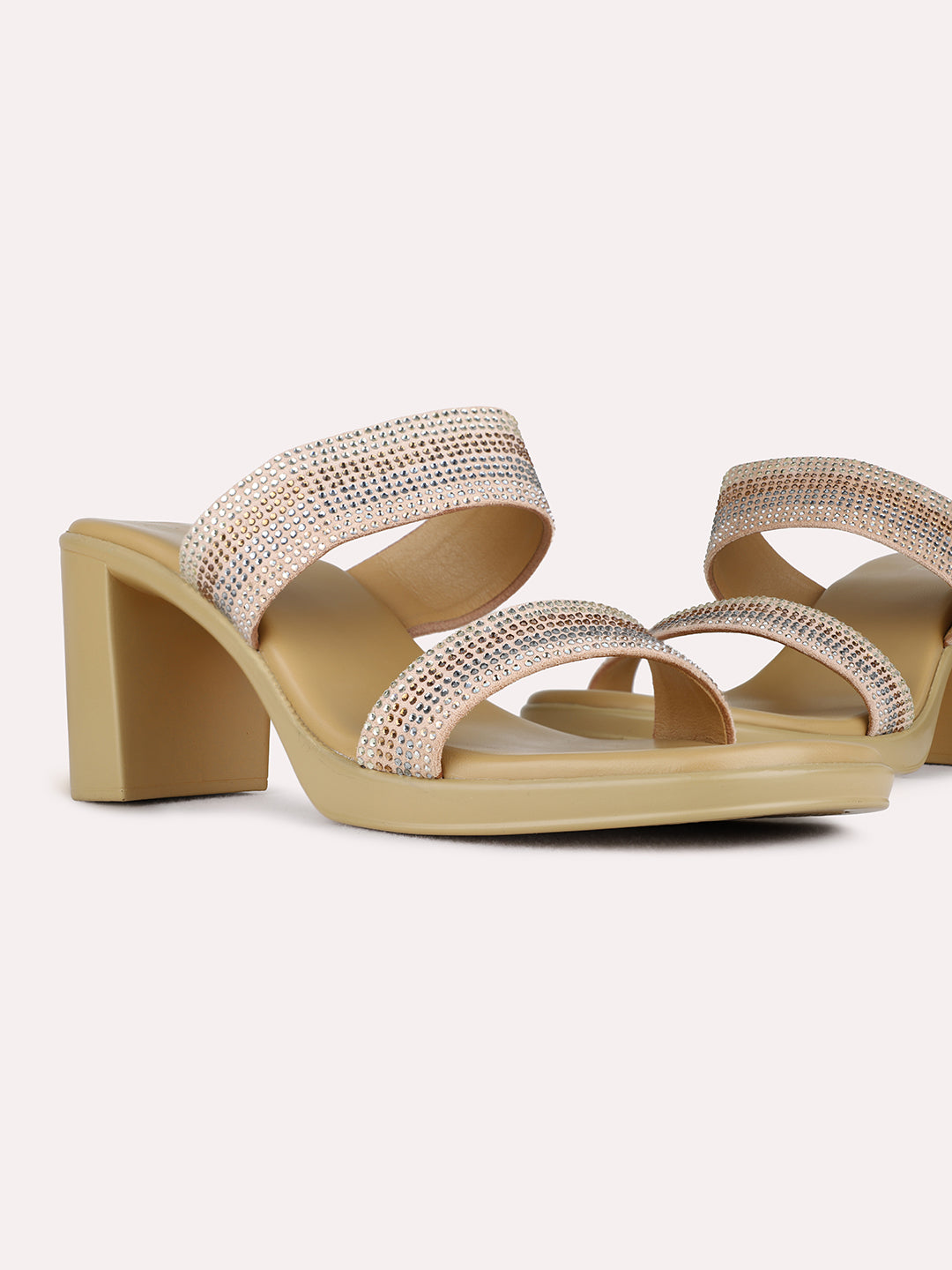 Womens Beige Party Wear Embellished Round Toe Platform Heels
