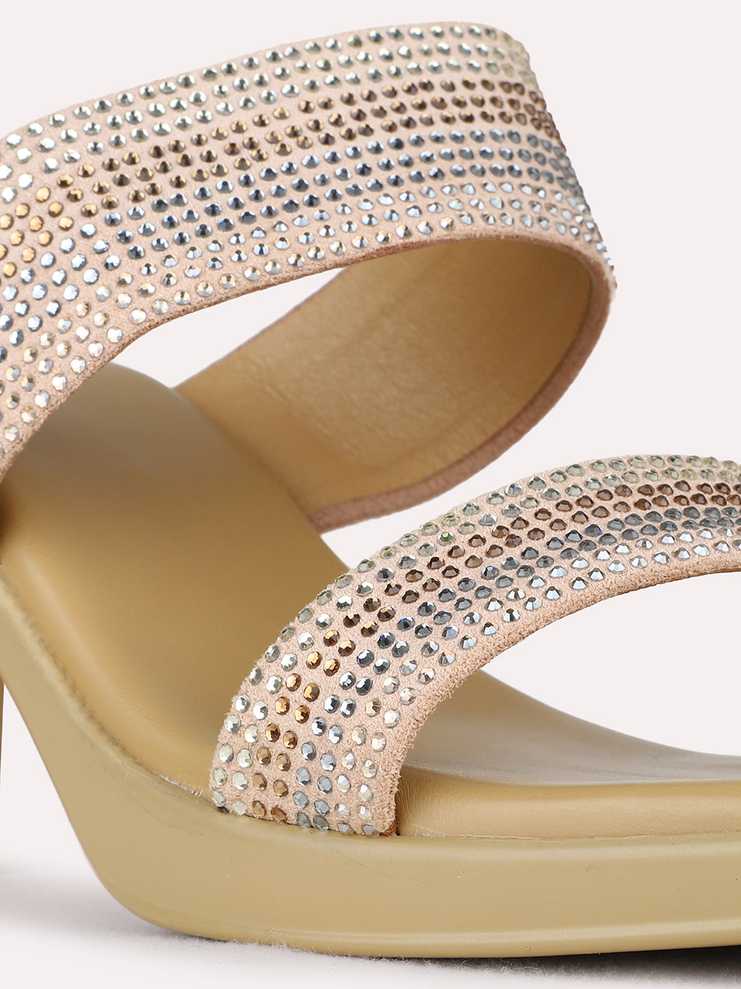 Womens Beige Party Wear Embellished Round Toe Platform Heels