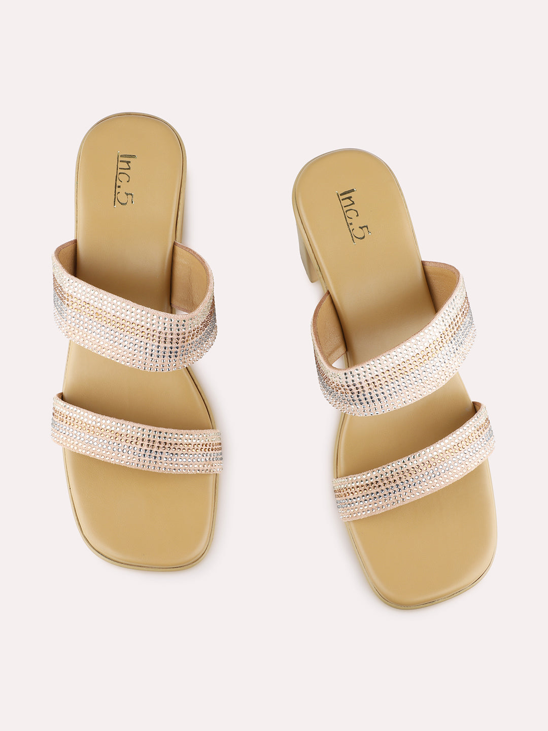 Womens Beige Party Wear Embellished Round Toe Platform Heels