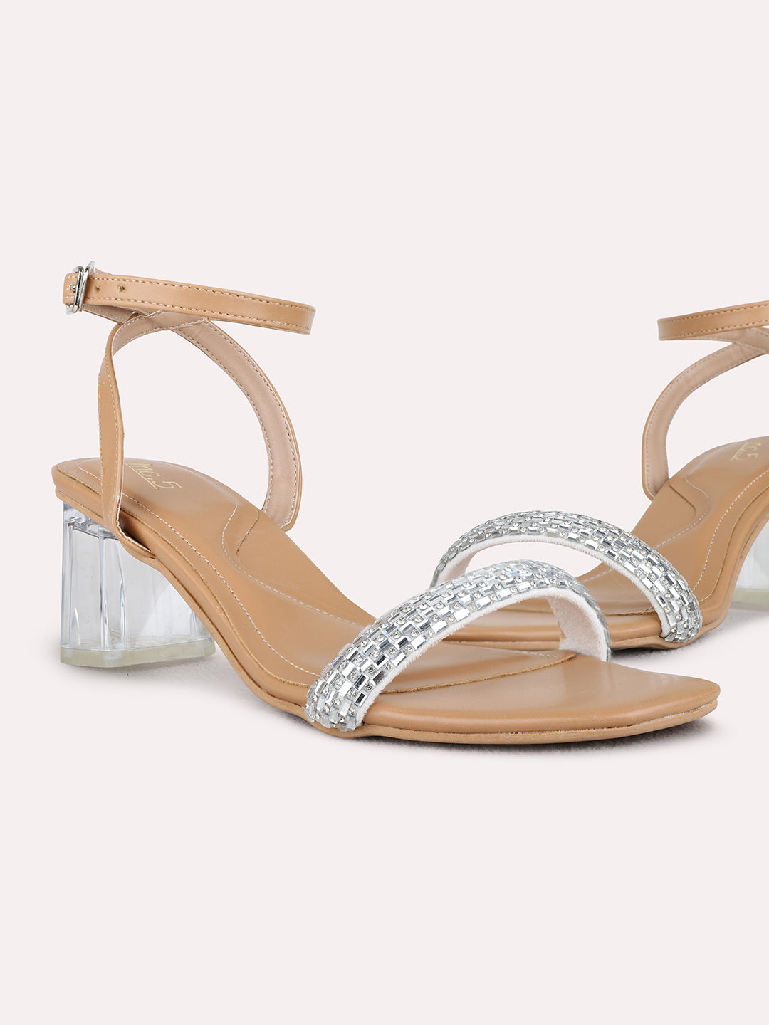 Womens Beige Party Wear Embellished Square Toe Block Heel Sandals