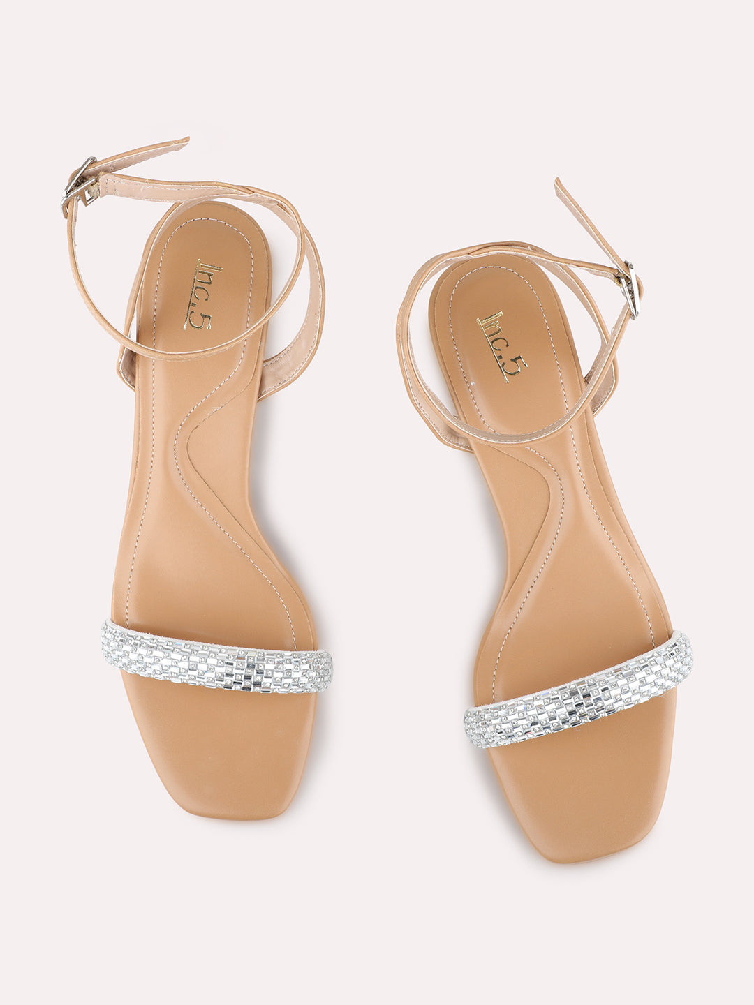 Womens Beige Party Wear Embellished Square Toe Block Heel Sandals