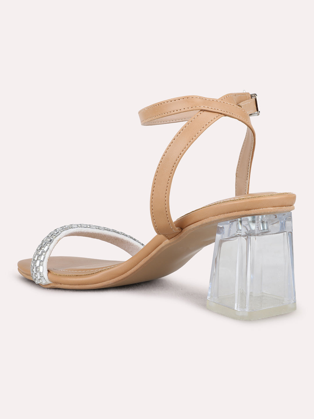 Womens Beige Party Wear Embellished Square Toe Block Heel Sandals