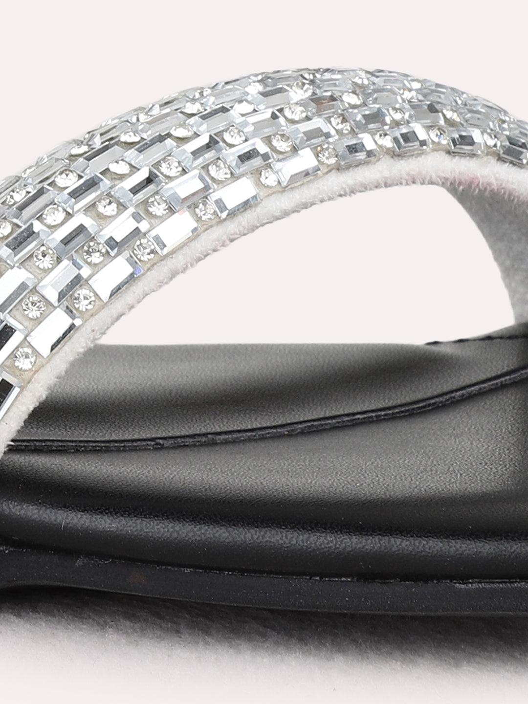 Womens Black Party Wear Embellished Square Toe Block Heel Sandals