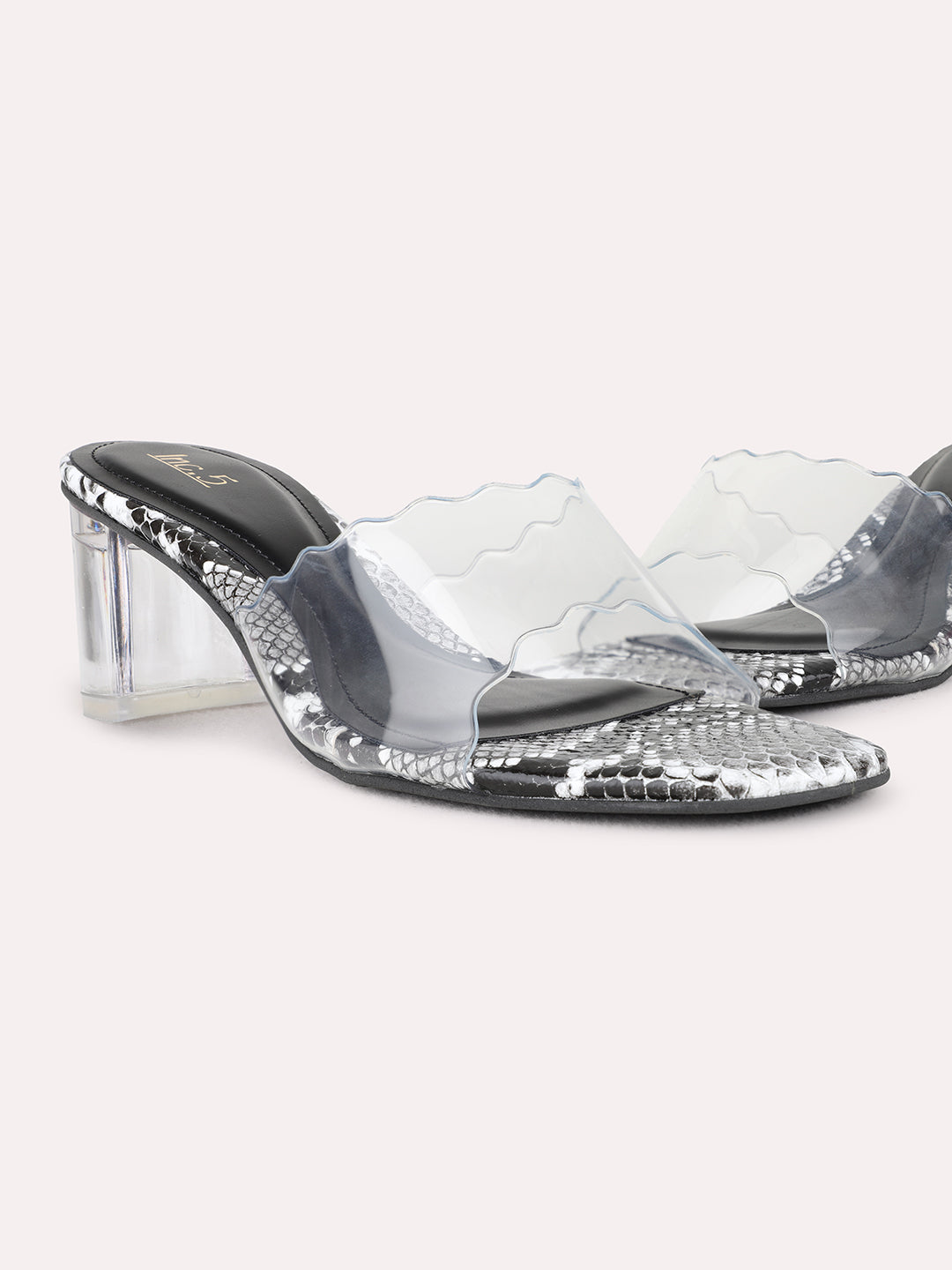 Womens Black Party Wear Transparent Square Toe Block Heel Sandals