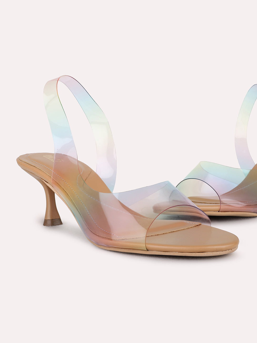 Womens Beige Casual Transparent Round Toe Kitten Heel Sandals