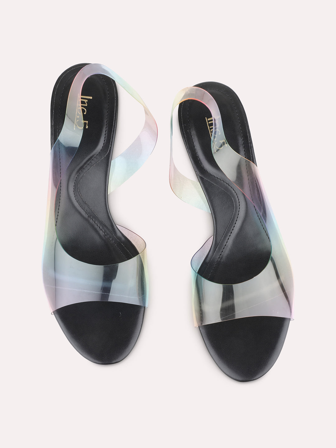 Womens Black Casual Transparent Round Toe Kitten Heel Sandals