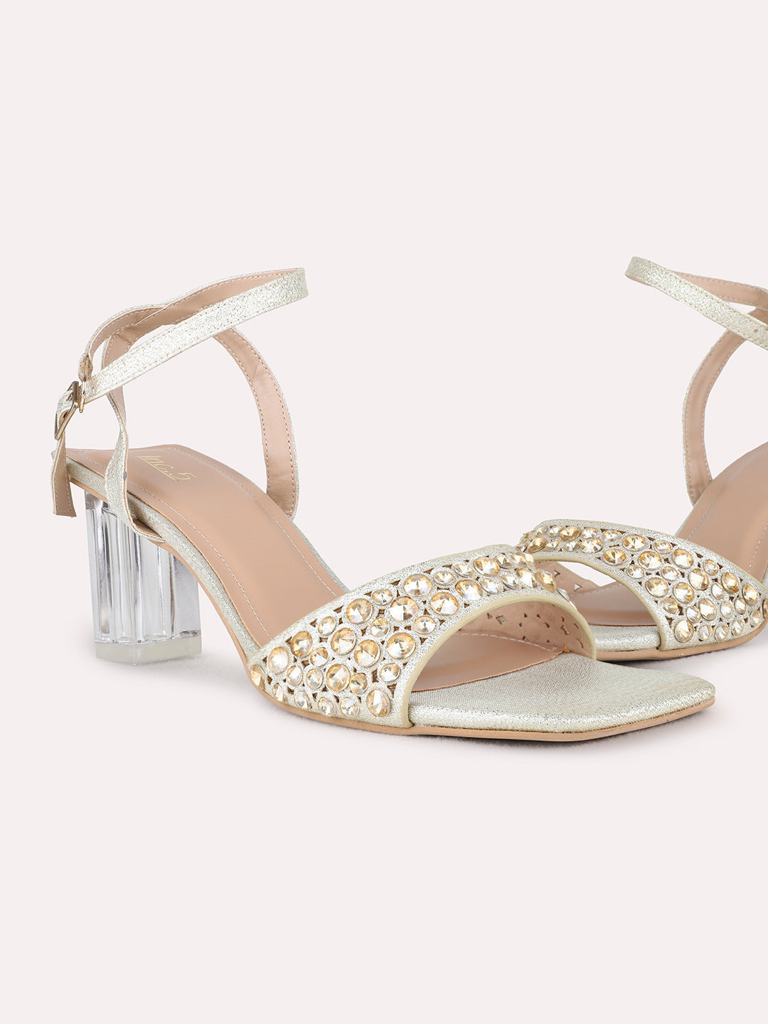 Womens Gold Ethnic Embellished Square Toe Block Heel Sandals