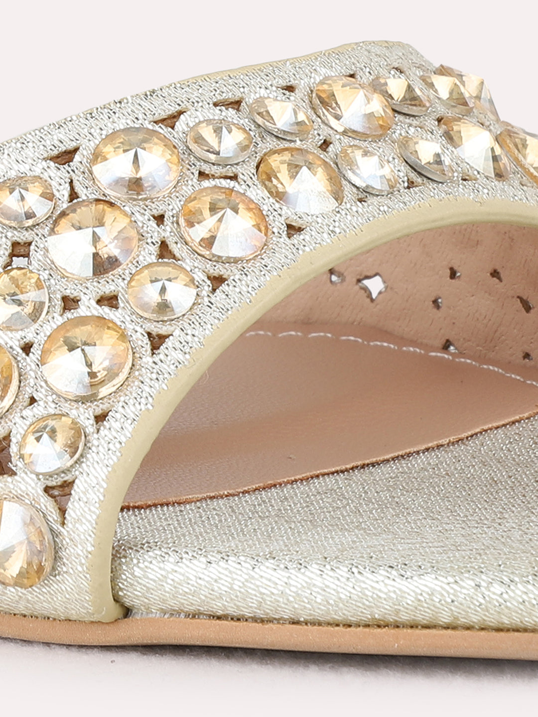 Womens Gold Ethnic Embellished Square Toe Block Heel Sandals