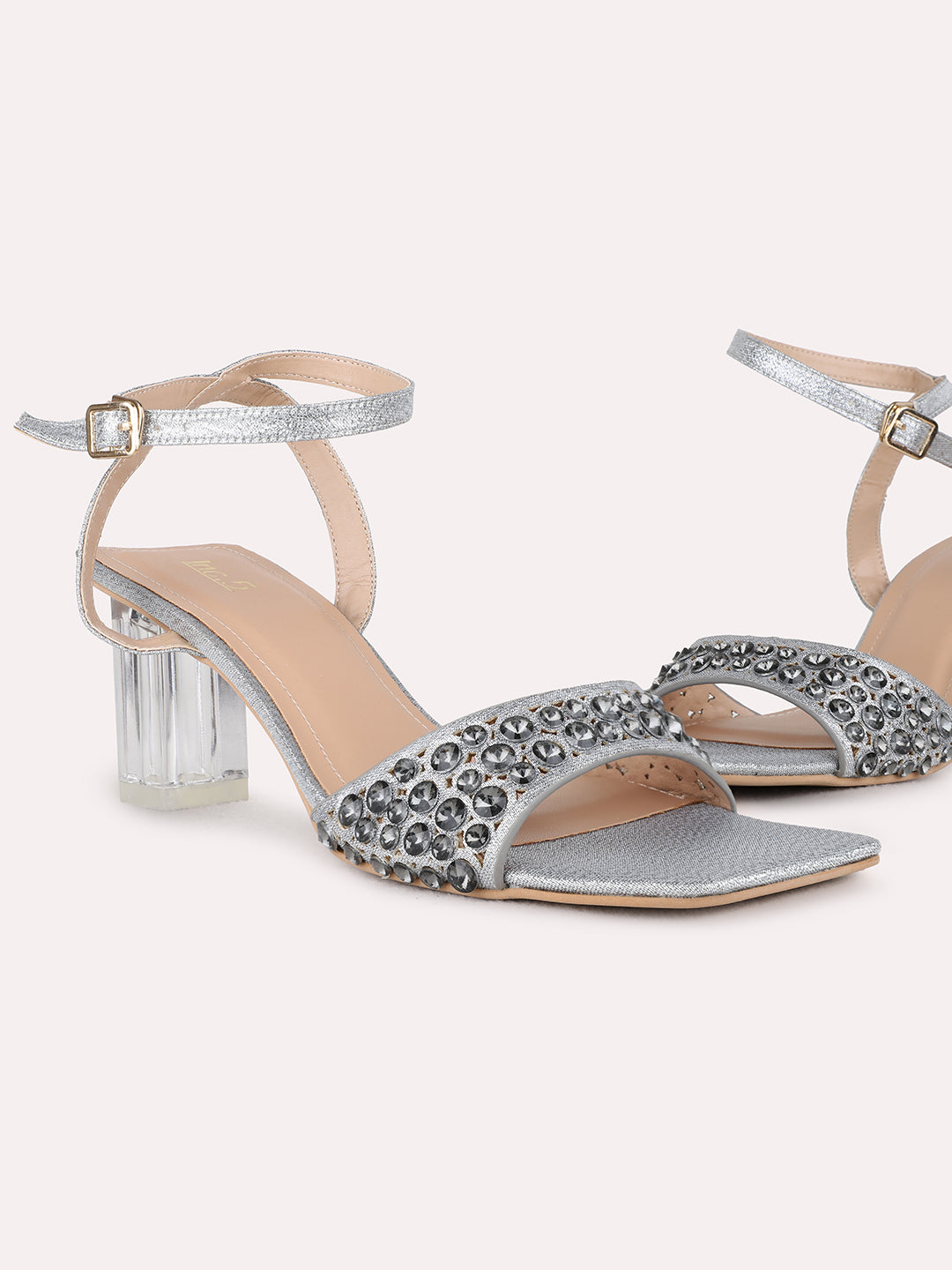 Womens Pewter Ethnic Embellished Square Toe Block Heel Sandals