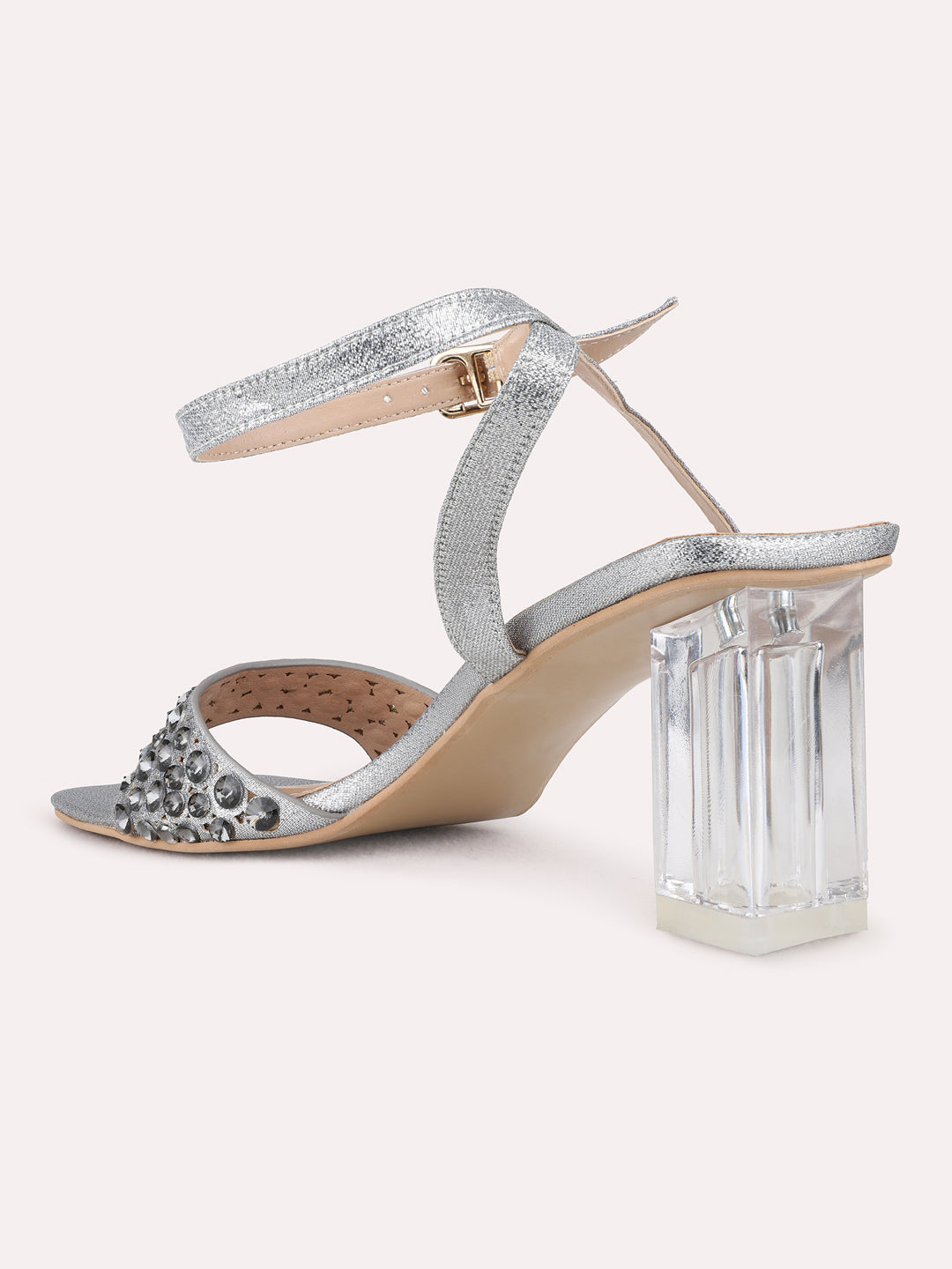 Womens Pewter Ethnic Embellished Square Toe Block Heel Sandals