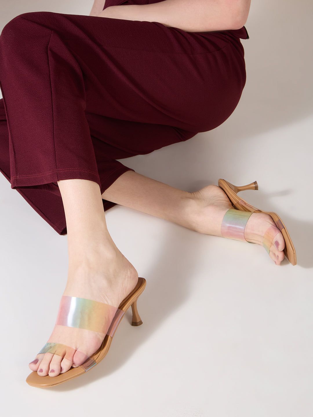 Womens Beige Party Wear Transparent Round Toe Kitten Heel Sandals