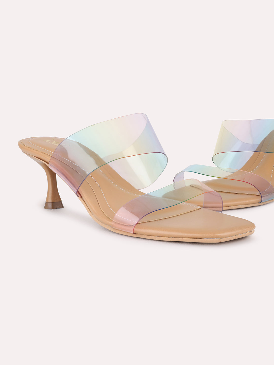 Womens Beige Party Wear Transparent Round Toe Kitten Heel Sandals