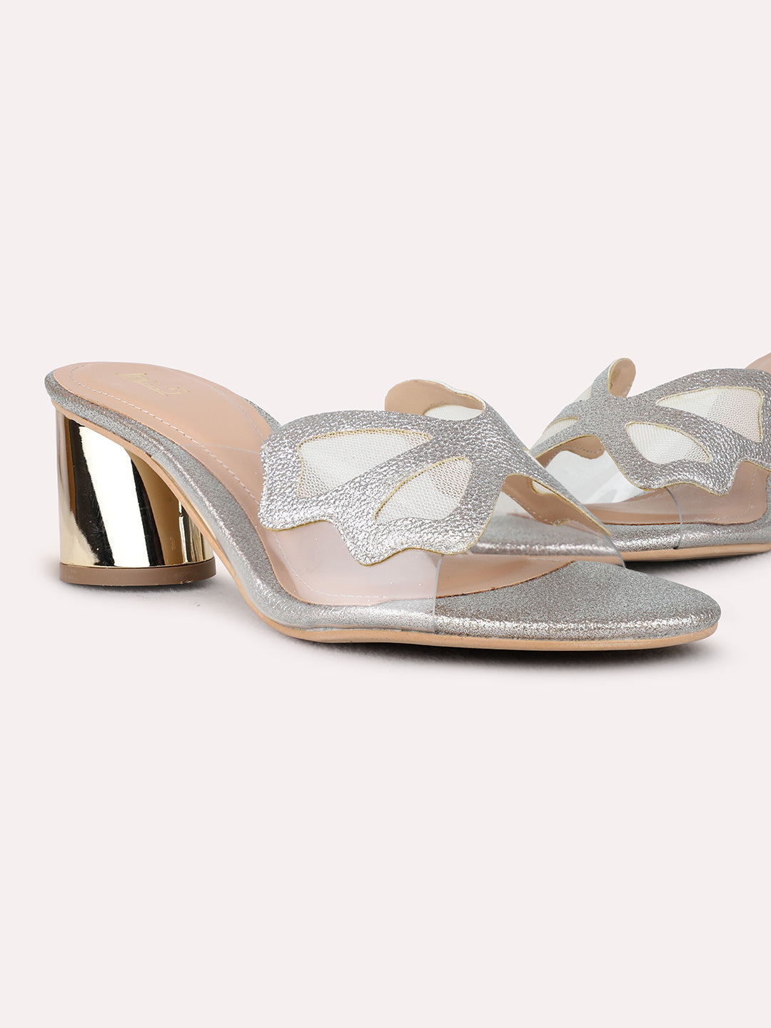 Womens Golden Party Wear Transparent Round Toe Heel Sandals