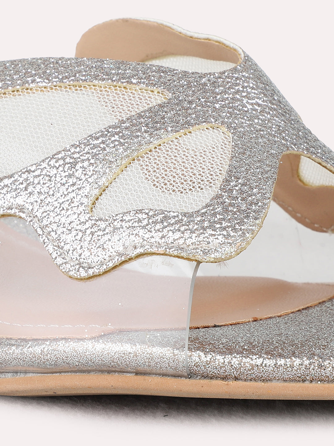 Womens Golden Party Wear Transparent Round Toe Heel Sandals